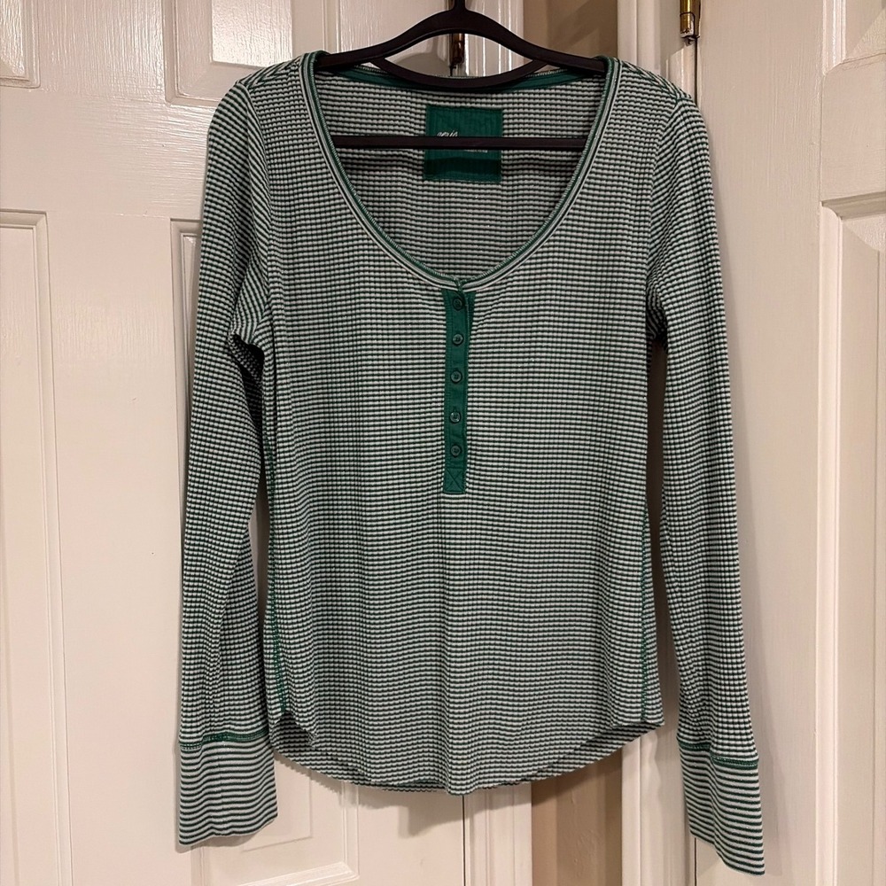 Aerie Waffle Knit Henley Top Striped Shimmer Green White Size Large LS Shirt